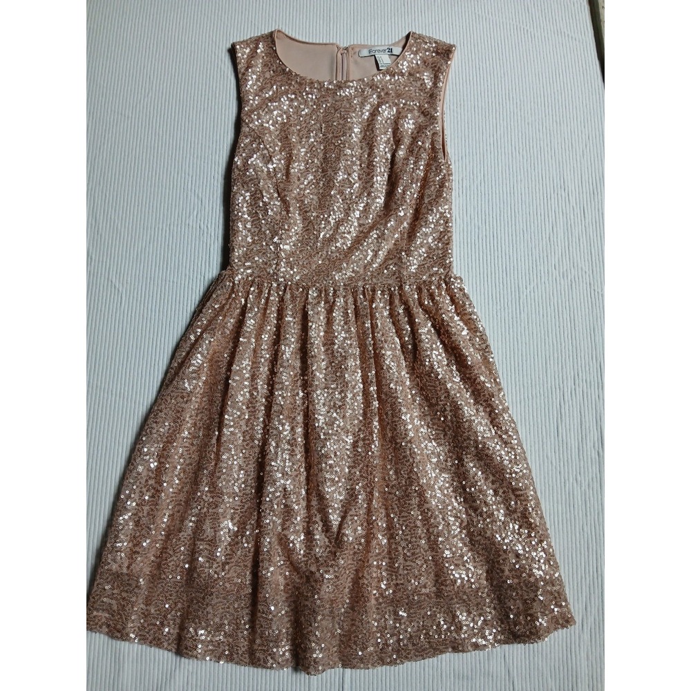Forever 21 Rose Gold Sequin Fit and Flare Skater Dress Sleeveless Small